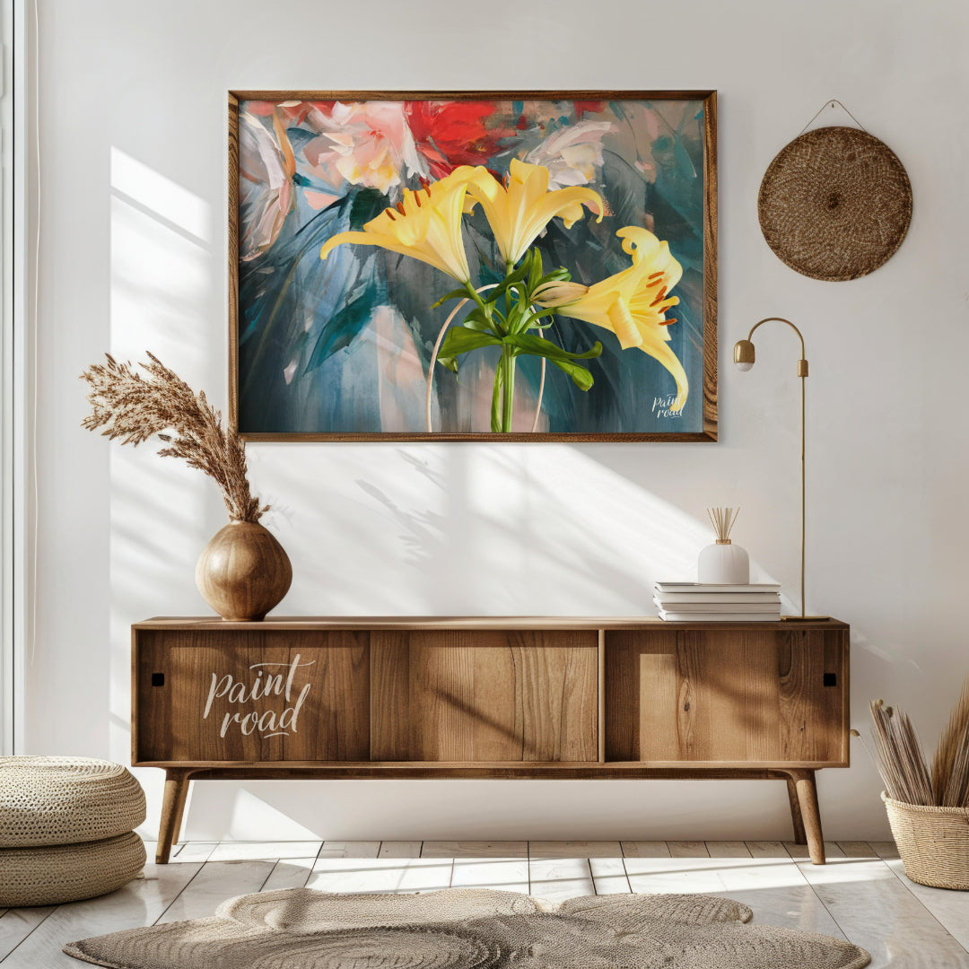 This painting captures a vibrant bouquet of yellow lilies in a simple vase, bathed in a soft, natur… for living room