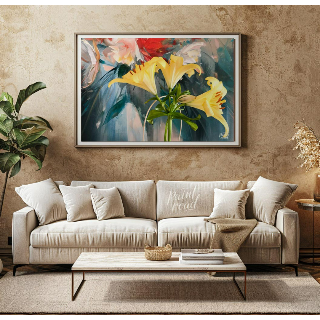 This painting captures a vibrant bouquet of yellow lilies in a simple vase, bathed in a soft, natur… for living room