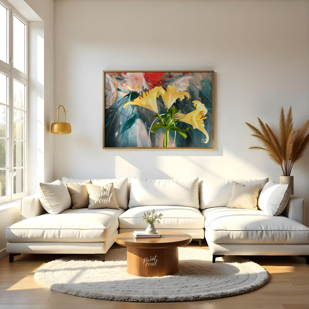 This painting captures a vibrant bouquet of yellow lilies in a simple vase, bathed in a soft, natur… for living room