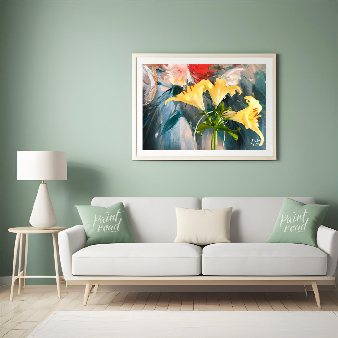 This painting captures a vibrant bouquet of yellow lilies in a simple vase, bathed in a soft, natur… for living room