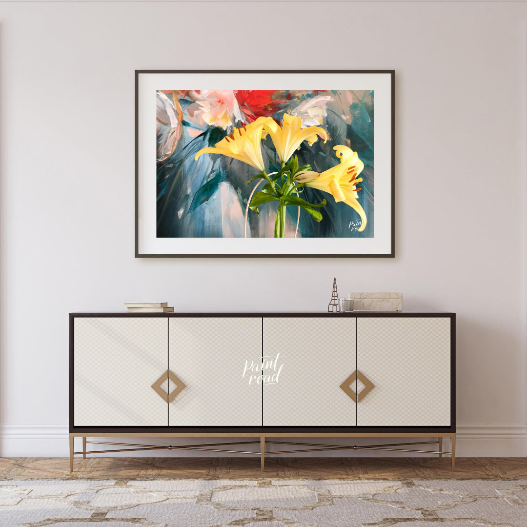 This painting captures a vibrant bouquet of yellow lilies in a simple vase, bathed in a soft, natur… for living room