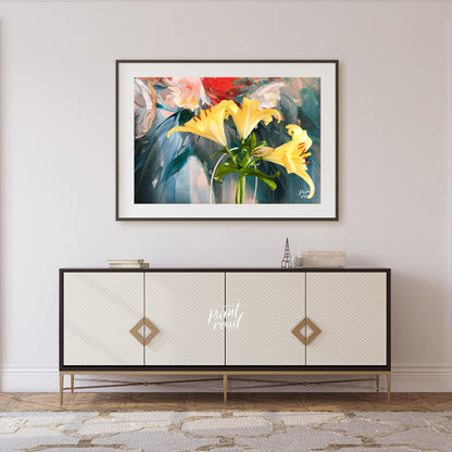 This painting captures a vibrant bouquet of yellow lilies in a simple vase, bathed in a soft, natur… for living room