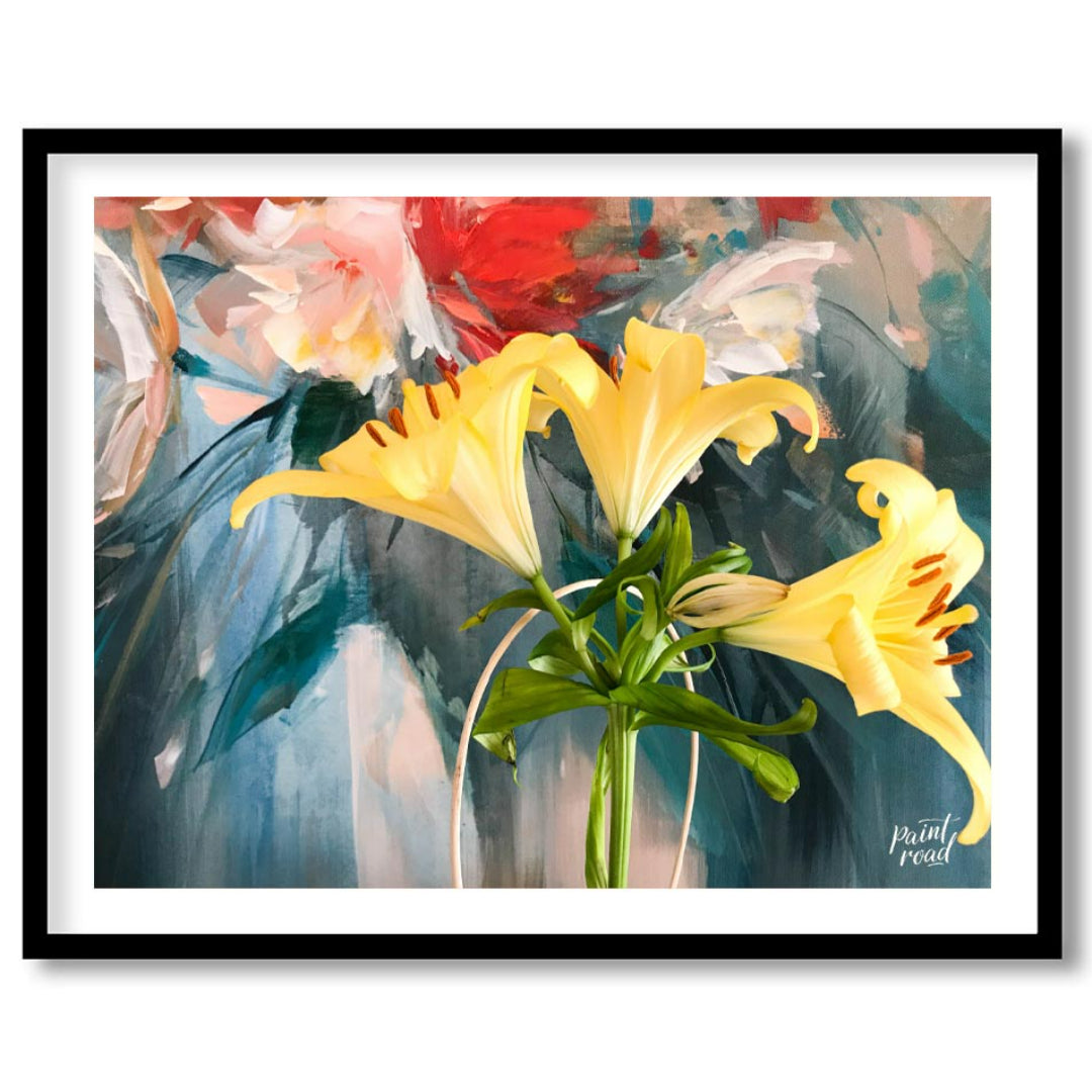 This painting captures a vibrant bouquet of yellow lilies in a simple vase, bathed in a soft, natur… for place