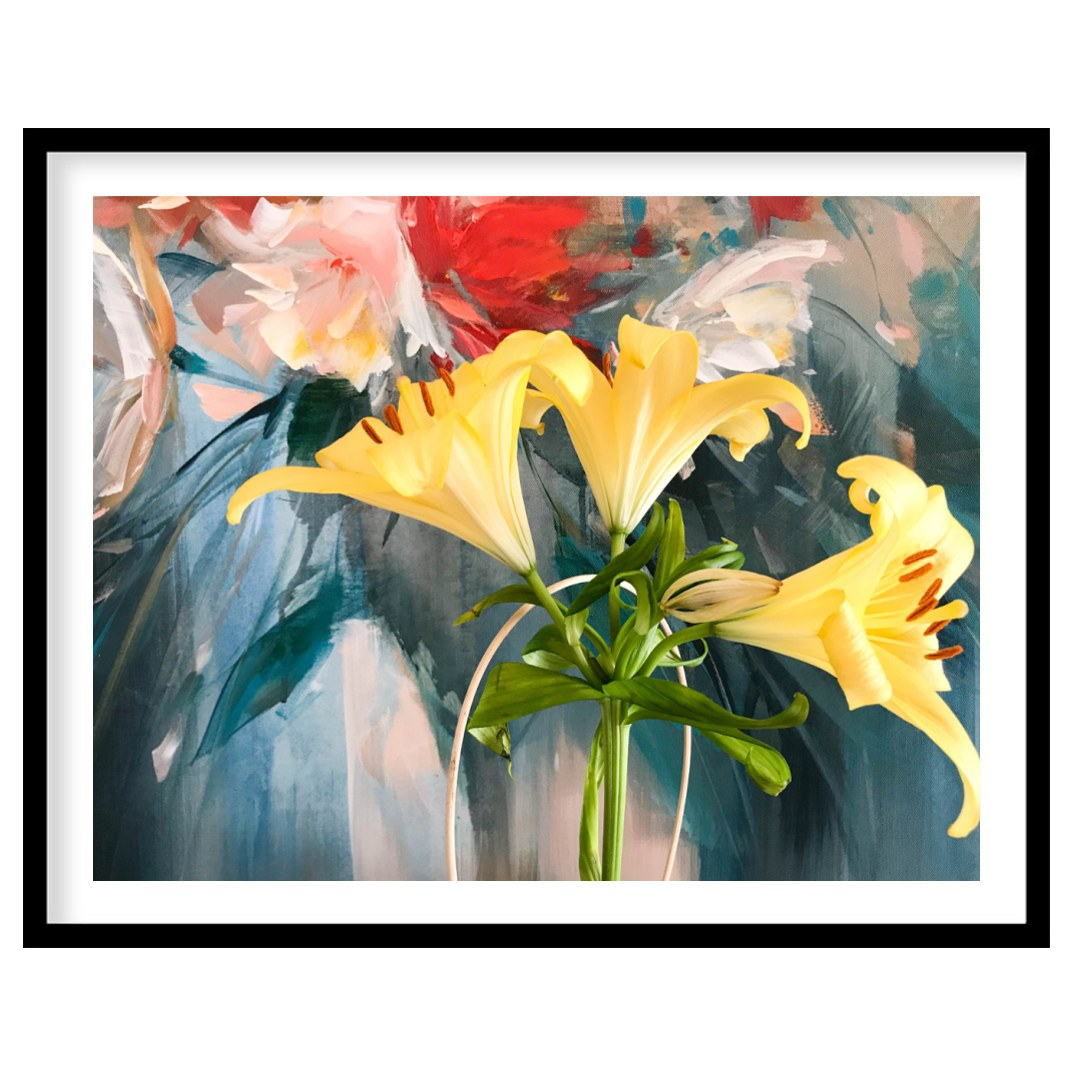 This painting captures a vibrant bouquet of yellow lilies in a simple vase, bathed in a soft, natur… for place