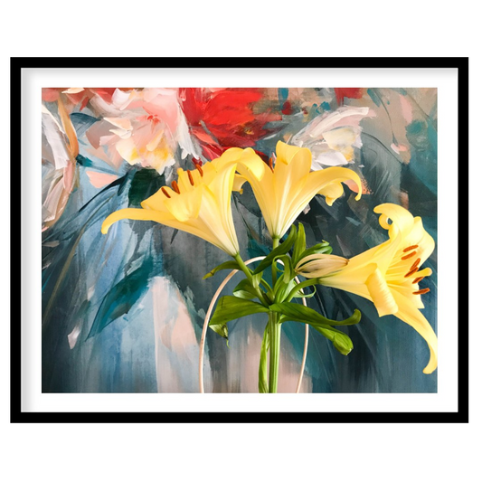This painting captures a vibrant bouquet of yellow lilies in a simple vase, bathed in a soft, natur… for place