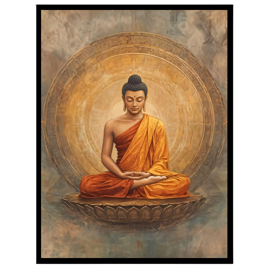 Immerse yourself in a realm of tranquility with this exquisite depiction of Lord Buddha seated in for abode
