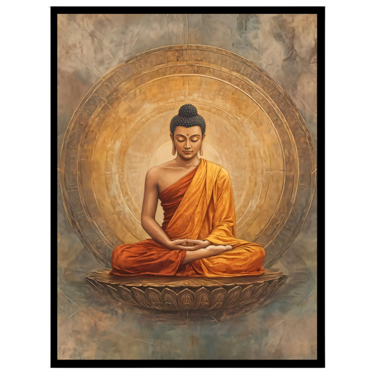 Immerse yourself in a realm of tranquility with this exquisite depiction of Lord Buddha seated in for abode