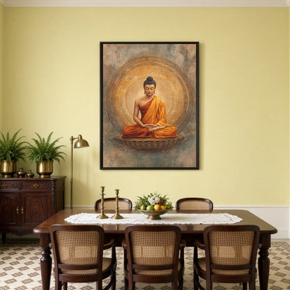 Immerse yourself in a realm of tranquility with this exquisite depiction of Lord Buddha seated in for Dining