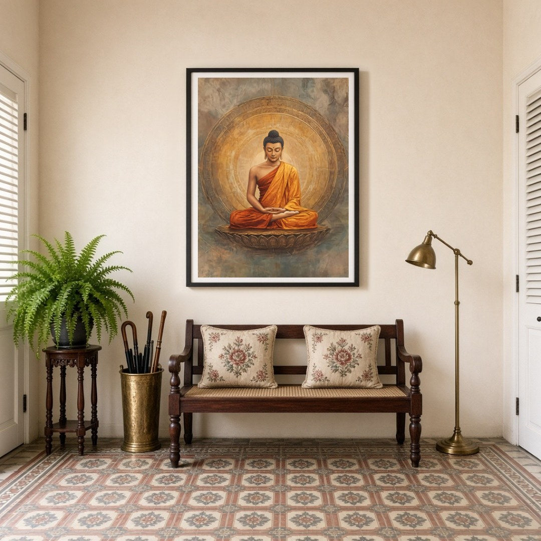 Immerse yourself in a realm of tranquility with this exquisite depiction of Lord Buddha seated in for Entrance