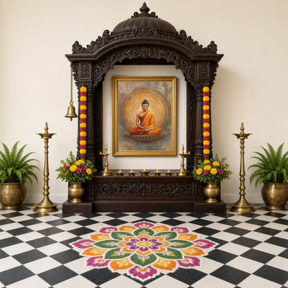 Immerse yourself in a realm of tranquility with this exquisite depiction of Lord Buddha seated in for Home Temple