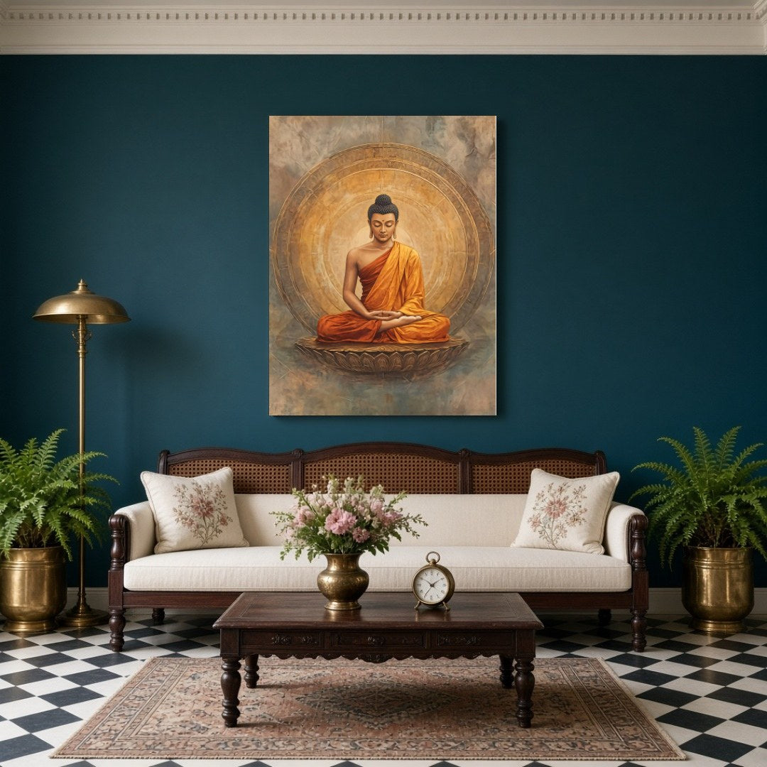 Immerse yourself in a realm of tranquility with this exquisite depiction of Lord Buddha seated in for Living Room