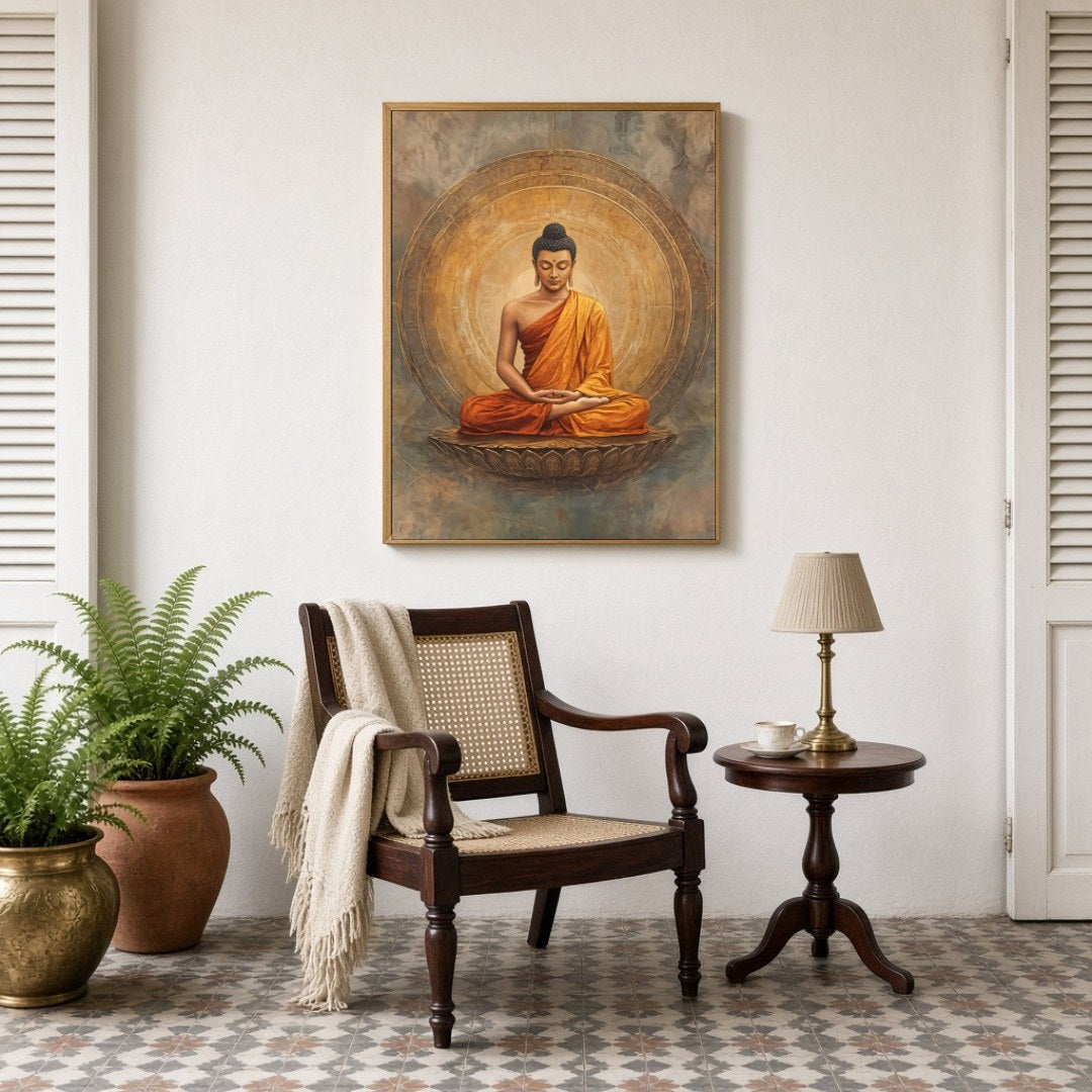 Immerse yourself in a realm of tranquility with this exquisite depiction of Lord Buddha seated in for Sitting Lounge