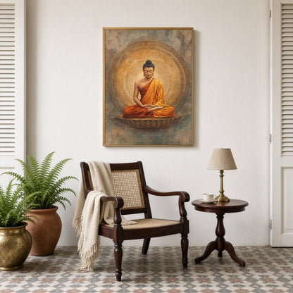 Immerse yourself in a realm of tranquility with this exquisite depiction of Lord Buddha seated in for Sitting Lounge