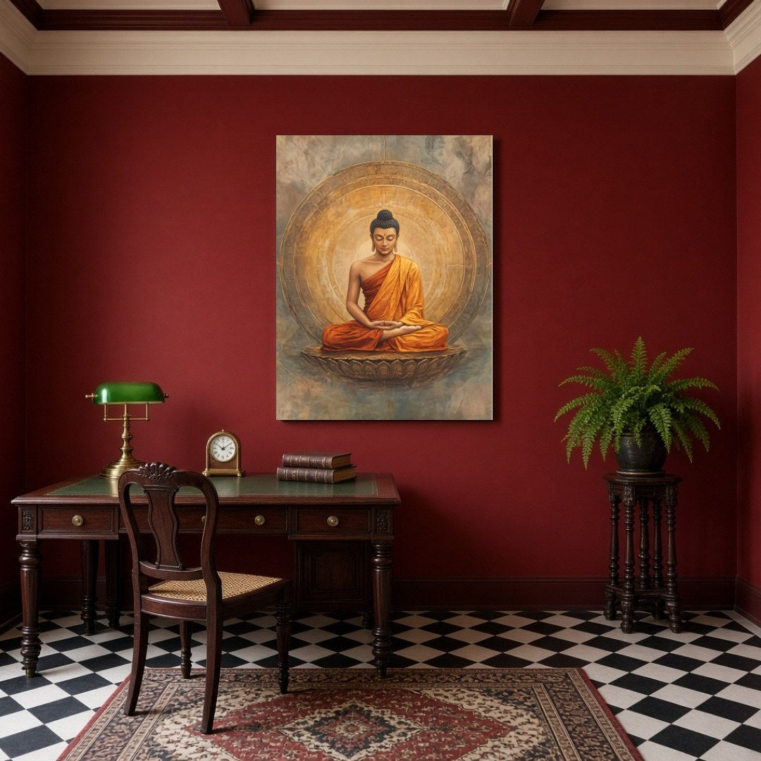 Immerse yourself in a realm of tranquility with this exquisite depiction of Lord Buddha seated in for Study