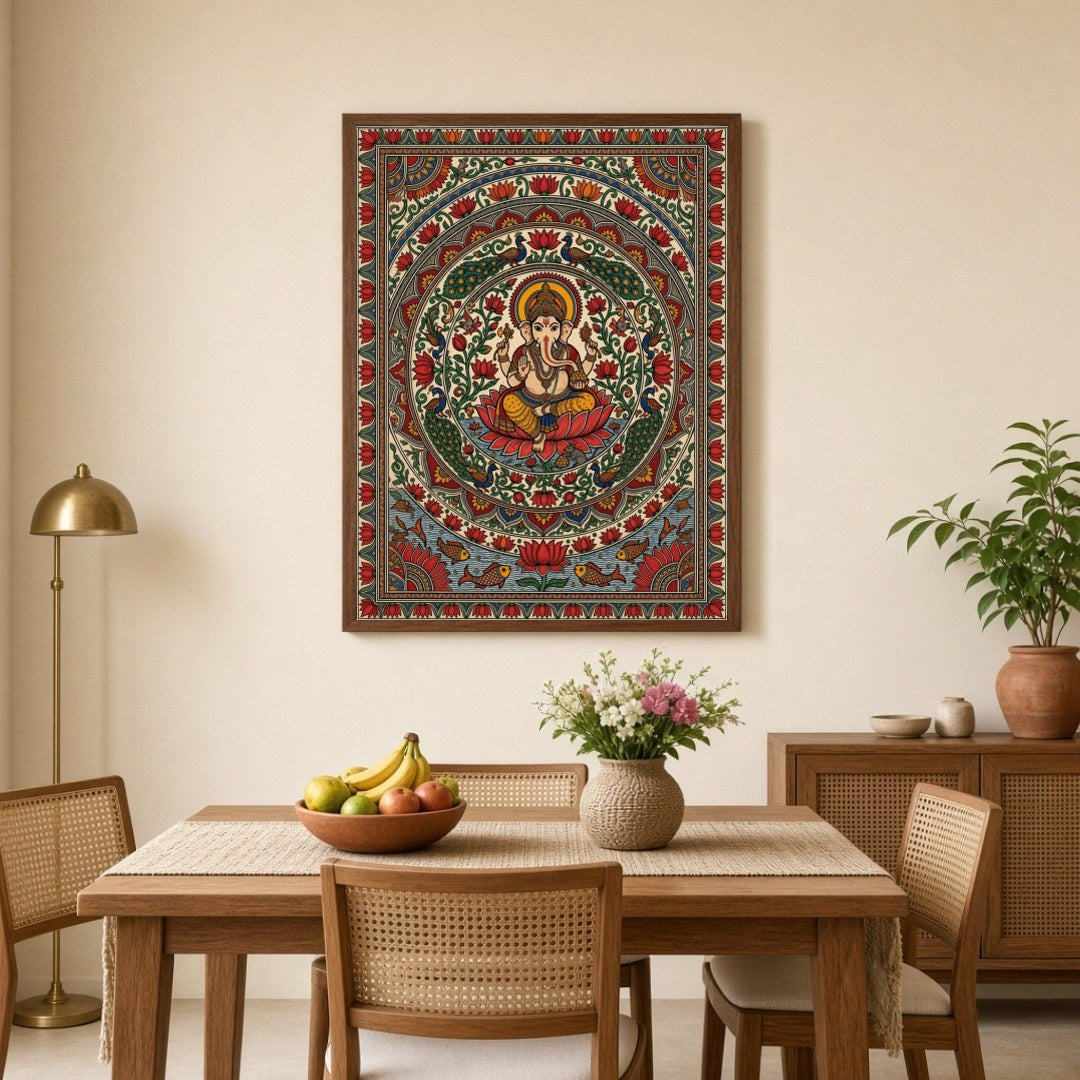 This exquisite Kalamkari artwork beautifully captures Lord Ganesha in a serene lotus mandala, for Dining