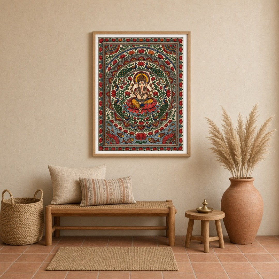 This exquisite Kalamkari artwork beautifully captures Lord Ganesha in a serene lotus mandala, for Entrance