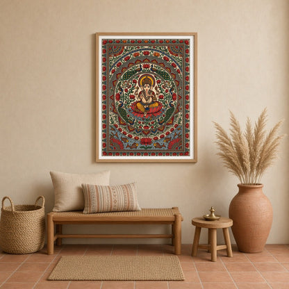 This exquisite Kalamkari artwork beautifully captures Lord Ganesha in a serene lotus mandala, for Entrance