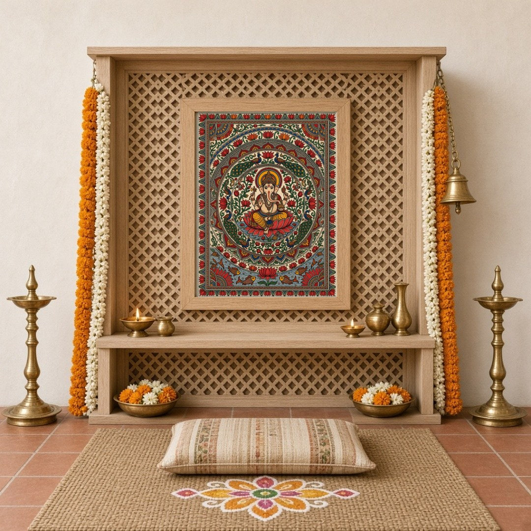 This exquisite Kalamkari artwork beautifully captures Lord Ganesha in a serene lotus mandala, for Home Temple