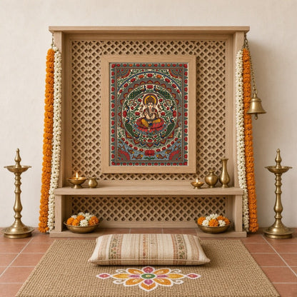 This exquisite Kalamkari artwork beautifully captures Lord Ganesha in a serene lotus mandala, for Home Temple