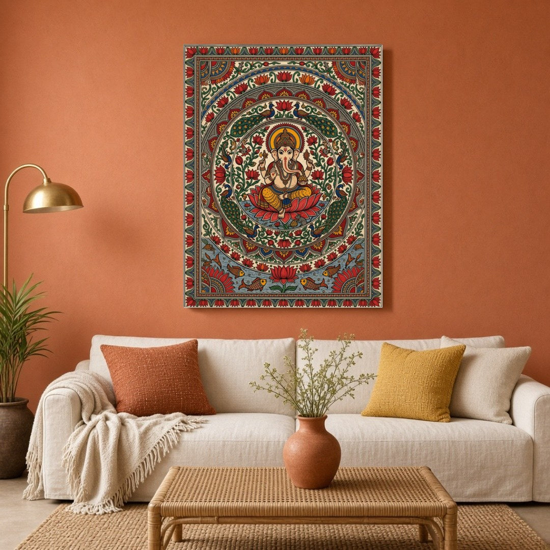 This exquisite Kalamkari artwork beautifully captures Lord Ganesha in a serene lotus mandala, for Living Room