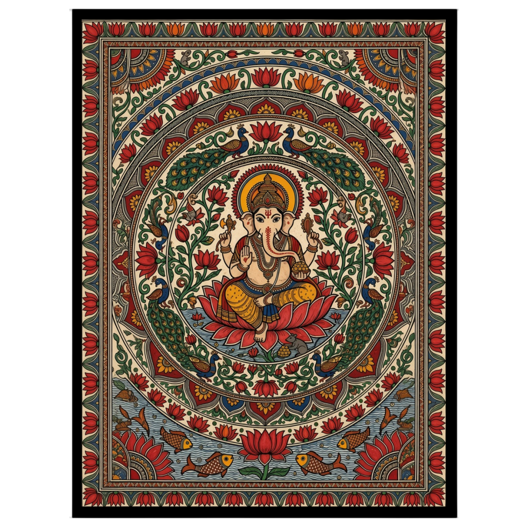 This exquisite Kalamkari artwork beautifully captures Lord Ganesha in a serene lotus mandala, for retreat