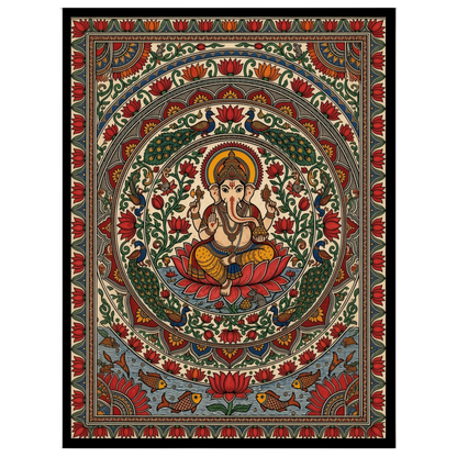 This exquisite Kalamkari artwork beautifully captures Lord Ganesha in a serene lotus mandala, for retreat