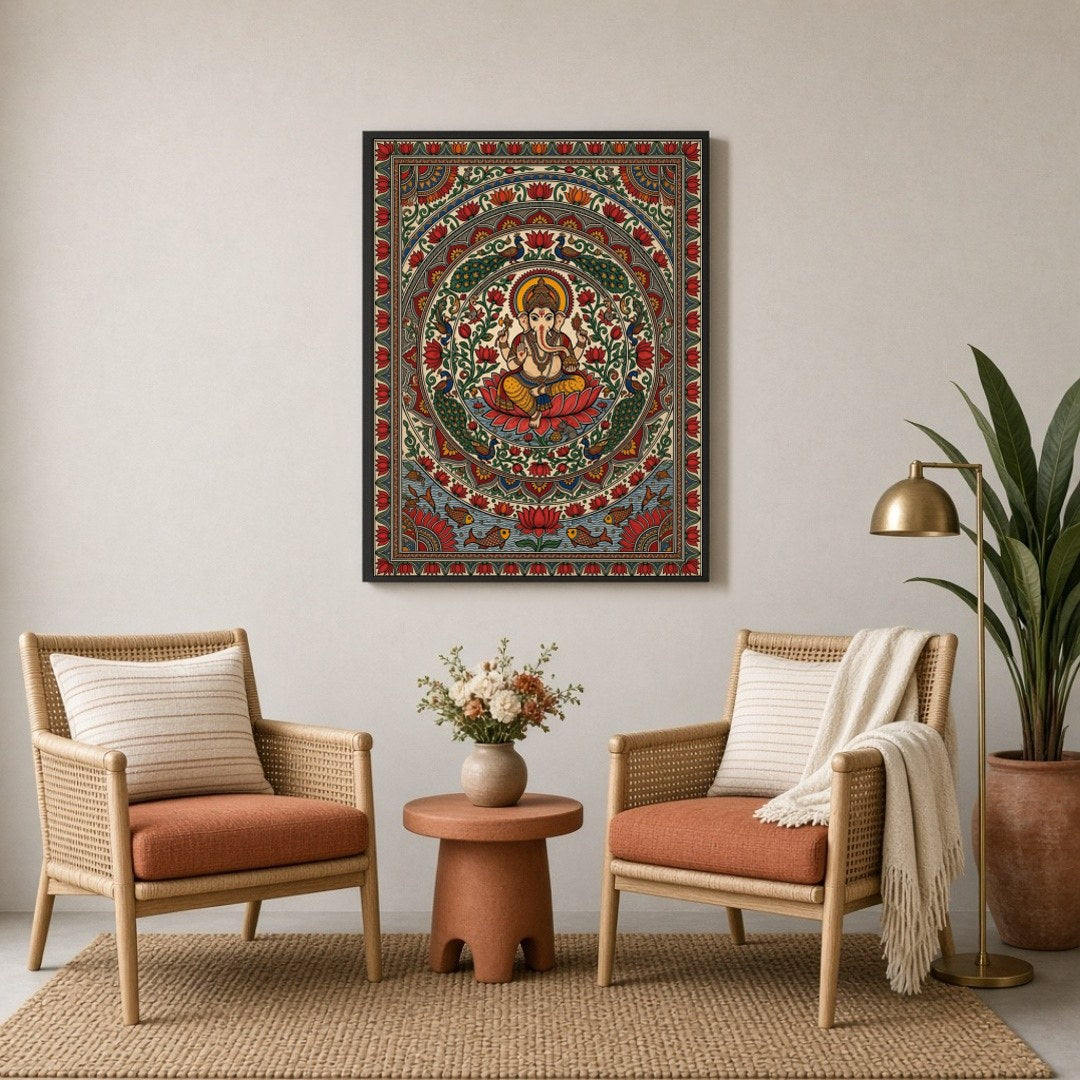 This exquisite Kalamkari artwork beautifully captures Lord Ganesha in a serene lotus mandala, for Sitting Lounge