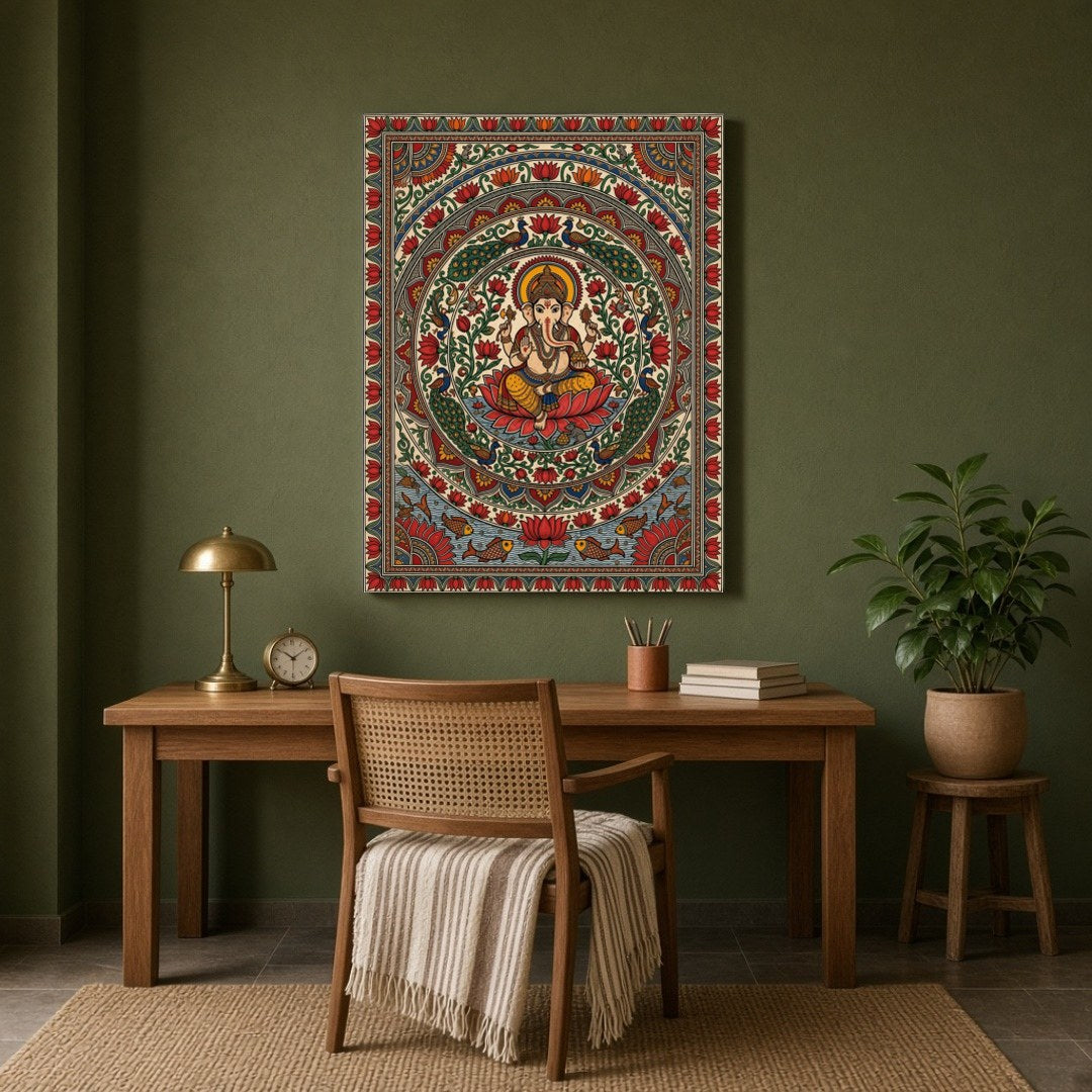 This exquisite Kalamkari artwork beautifully captures Lord Ganesha in a serene lotus mandala, for Study