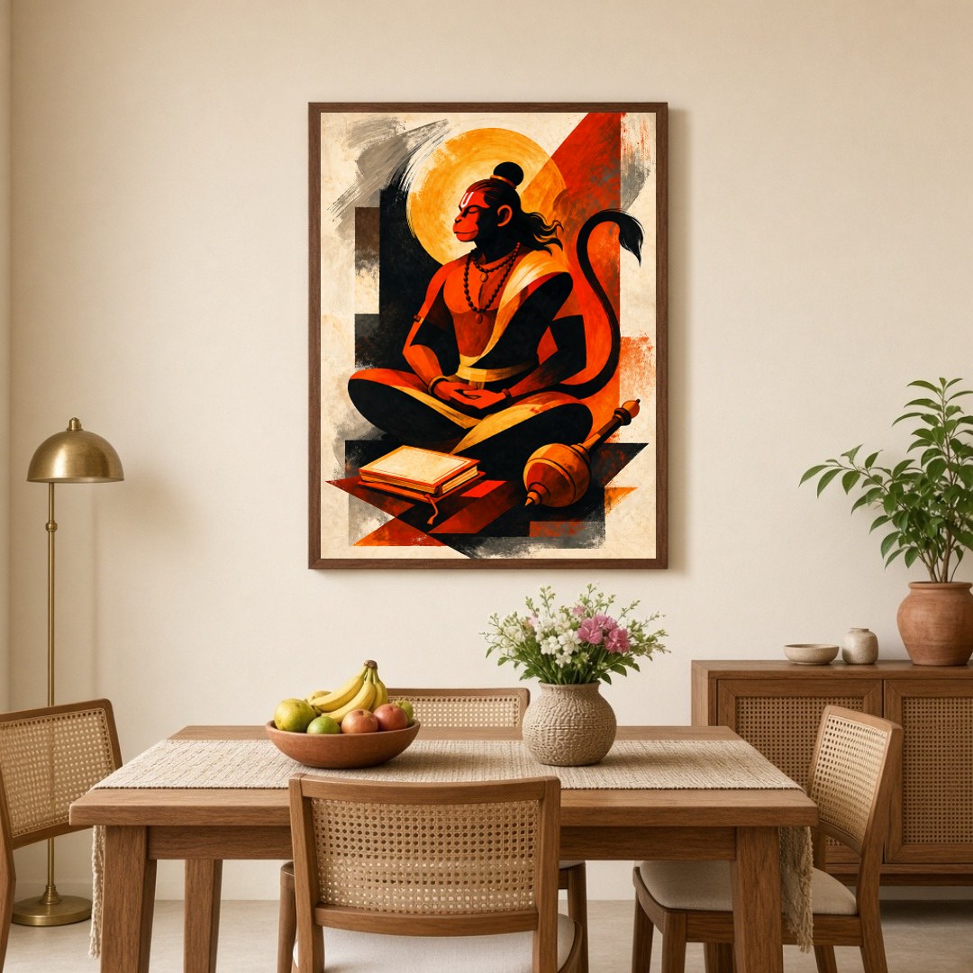 Immerse yourself in the divine presence of Lord Hanuman depicted in serene meditation, symbolizing for Dining