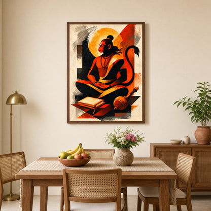 Immerse yourself in the divine presence of Lord Hanuman depicted in serene meditation, symbolizing for Dining