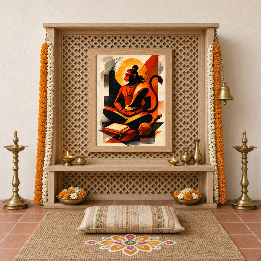 Immerse yourself in the divine presence of Lord Hanuman depicted in serene meditation, symbolizing for Home Temple