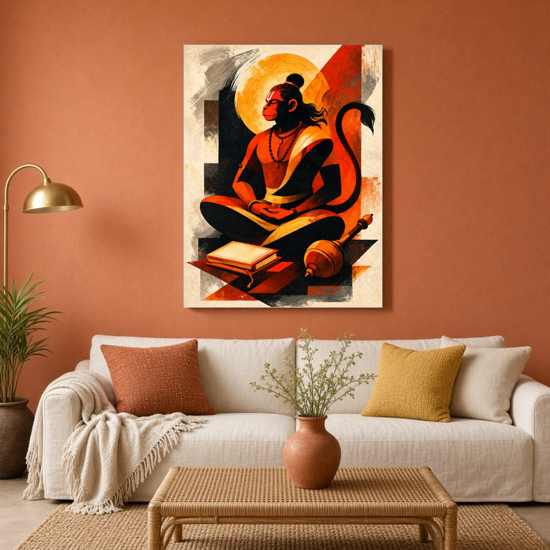 Immerse yourself in the divine presence of Lord Hanuman depicted in serene meditation, symbolizing for Living Room