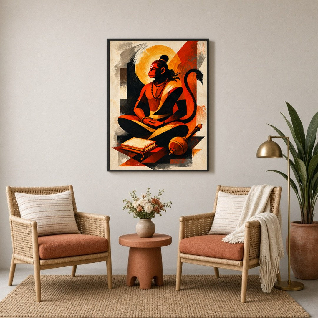Immerse yourself in the divine presence of Lord Hanuman depicted in serene meditation, symbolizing for Sitting Lounge