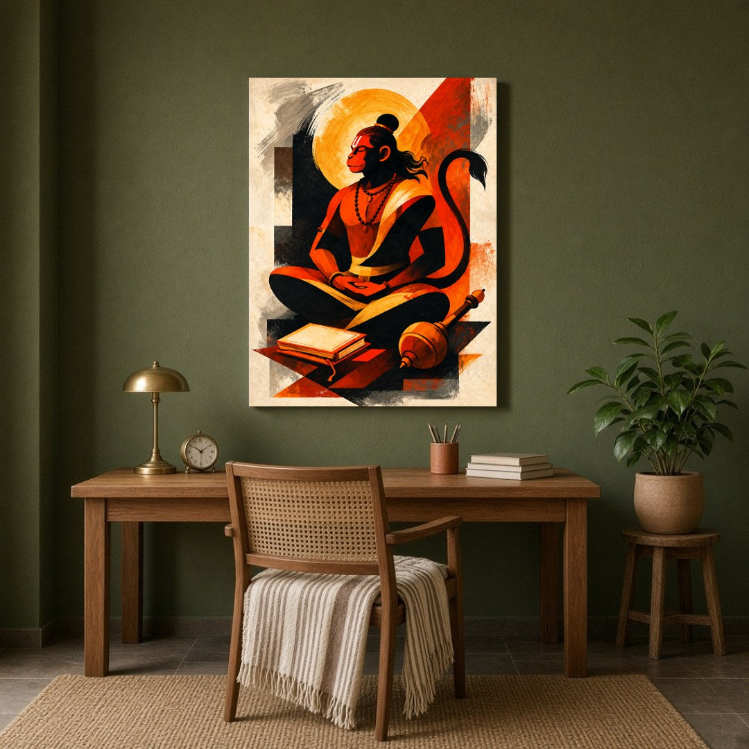 Immerse yourself in the divine presence of Lord Hanuman depicted in serene meditation, symbolizing for Study