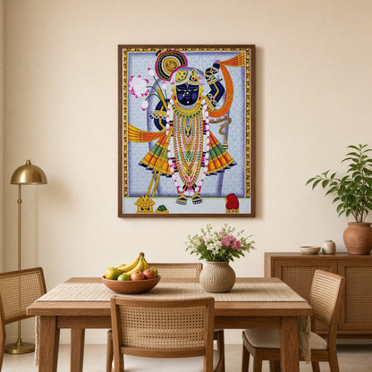 Immerse yourself in the vibrant world of Pichwai art with this stunning depiction of Lord for Dining