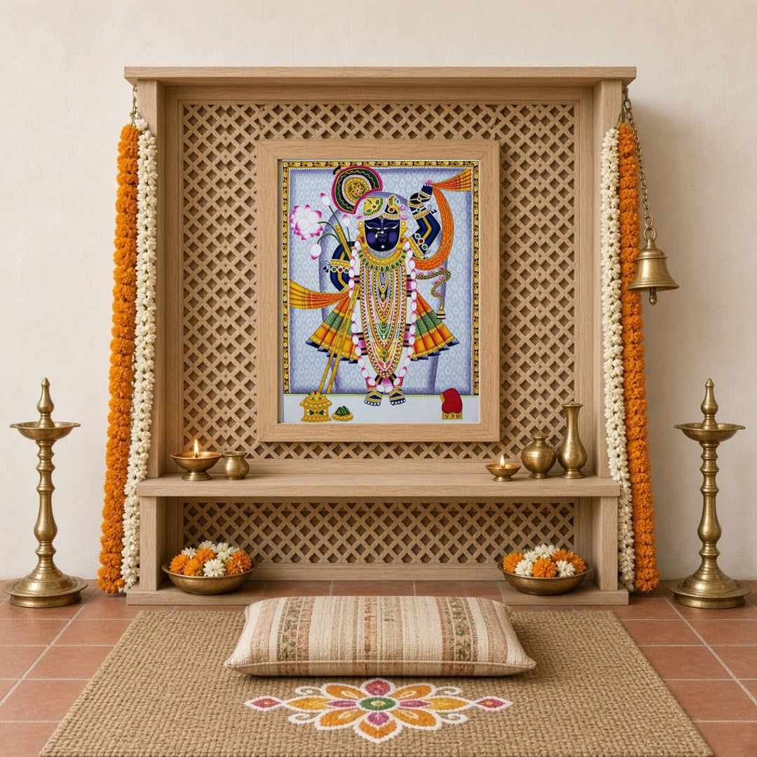 Immerse yourself in the vibrant world of Pichwai art with this stunning depiction of Lord for Home Temple