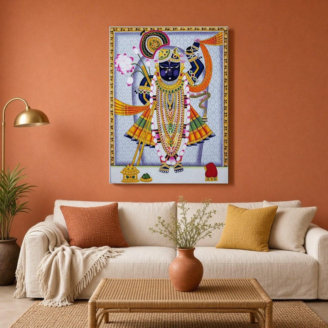 Immerse yourself in the vibrant world of Pichwai art with this stunning depiction of Lord for Living Room