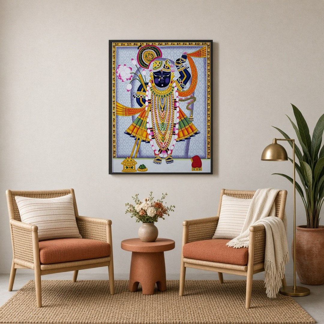Immerse yourself in the vibrant world of Pichwai art with this stunning depiction of Lord for Sitting Lounge