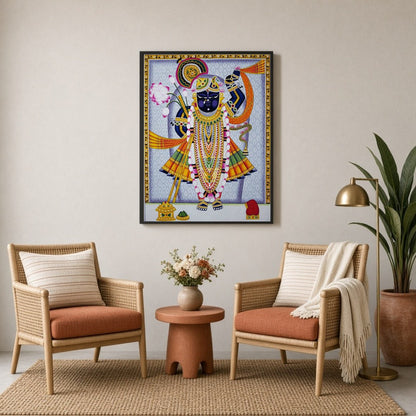 Immerse yourself in the vibrant world of Pichwai art with this stunning depiction of Lord for Sitting Lounge