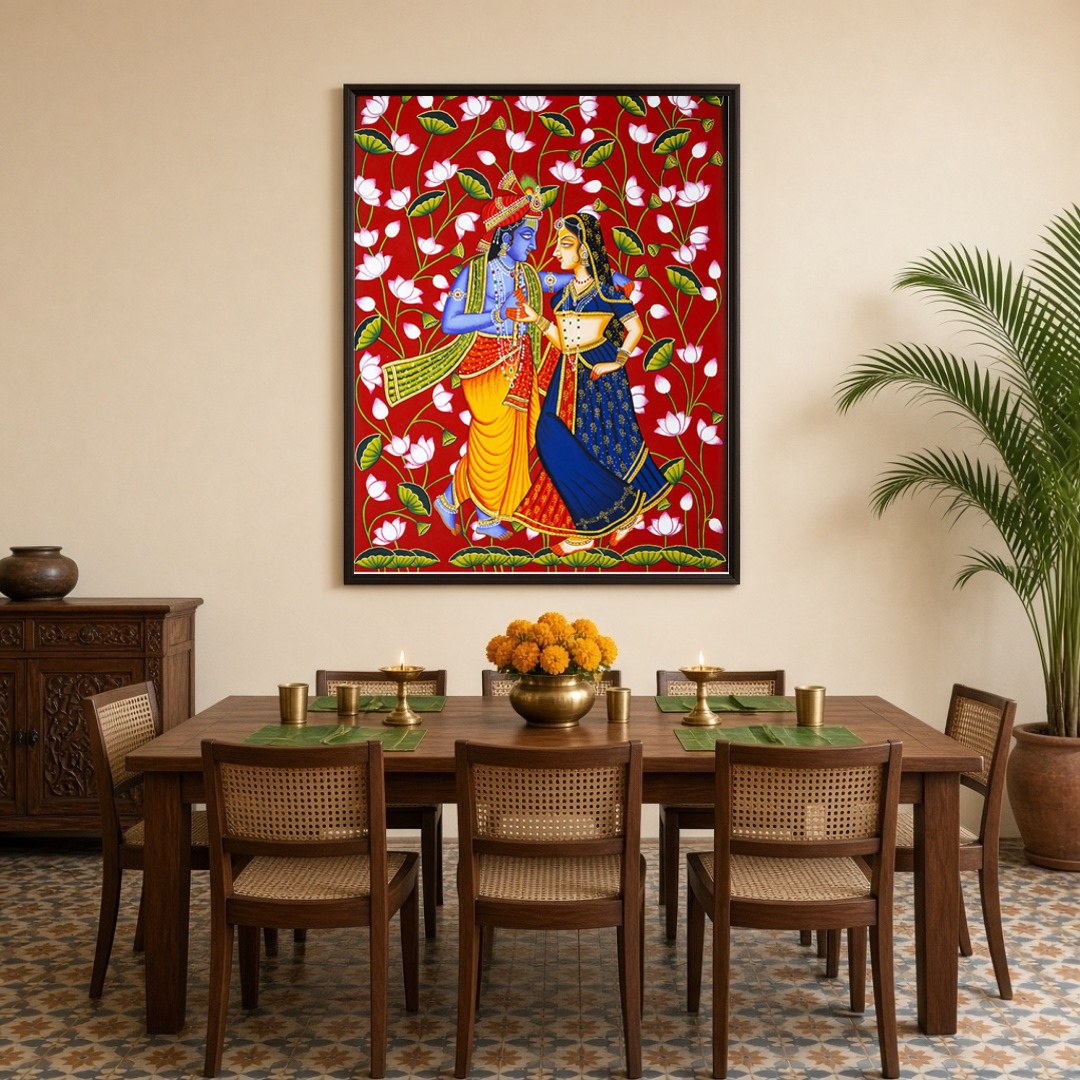 This stunning artwork captures the divine dance of Krishna and Radha, set against a vibrant for Dining