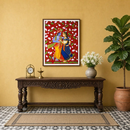 This stunning artwork captures the divine dance of Krishna and Radha, set against a vibrant for Entrance