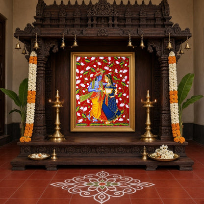 This stunning artwork captures the divine dance of Krishna and Radha, set against a vibrant for Home Temple