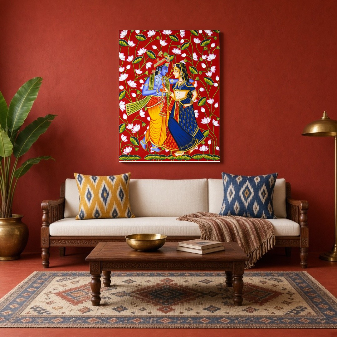 This stunning artwork captures the divine dance of Krishna and Radha, set against a vibrant for Living Room