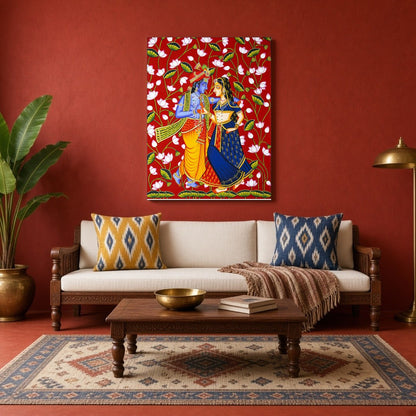This stunning artwork captures the divine dance of Krishna and Radha, set against a vibrant for Living Room