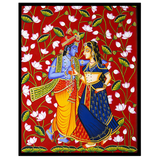 This stunning artwork captures the divine dance of Krishna and Radha, set against a vibrant for nook