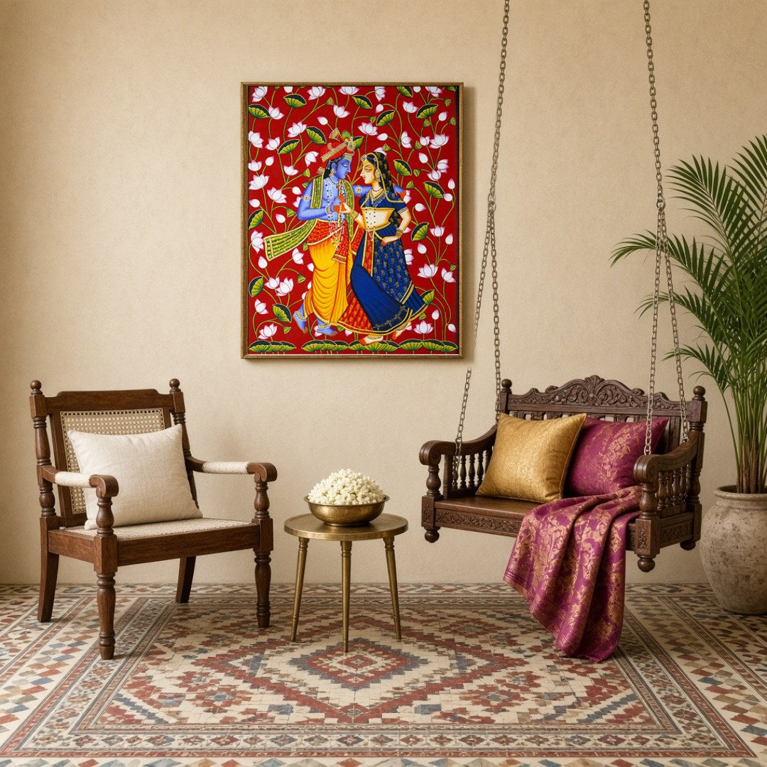 This stunning artwork captures the divine dance of Krishna and Radha, set against a vibrant for Sitting Lounge