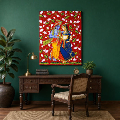 This stunning artwork captures the divine dance of Krishna and Radha, set against a vibrant for Study