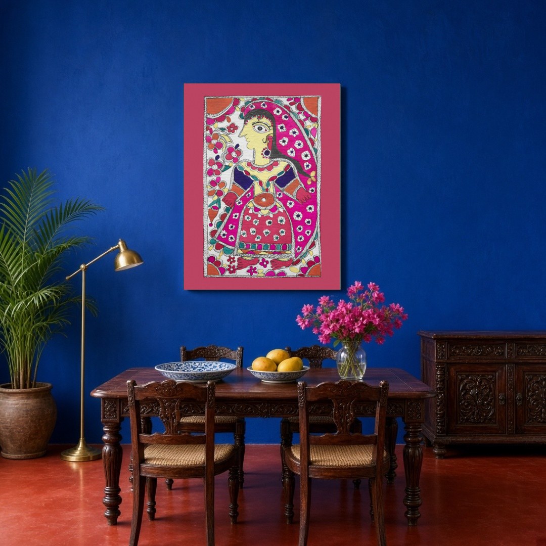 This exquisite Madhubani art print captures the beauty and grace of a radiant maiden adorned with a for Dining