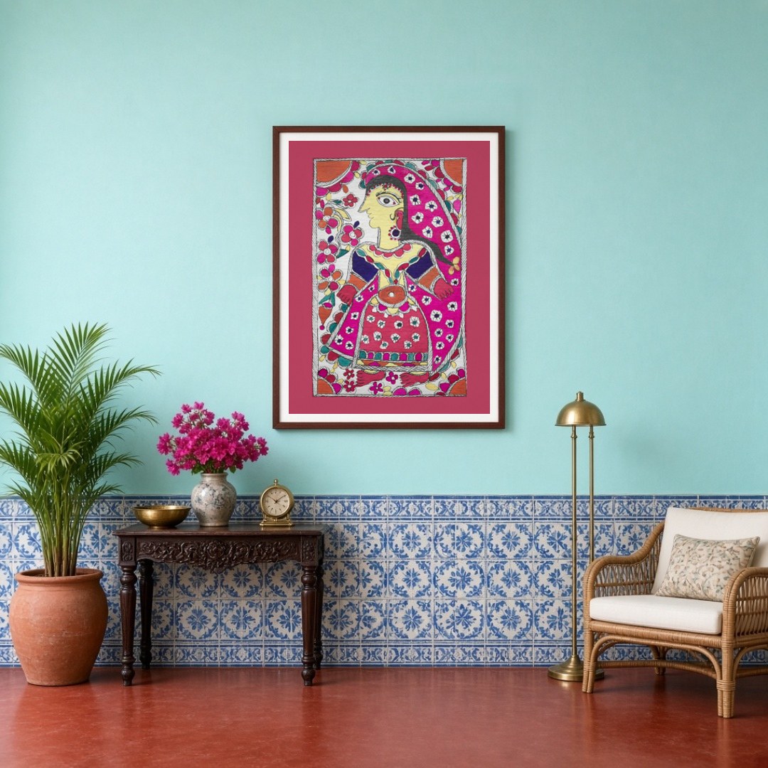 This exquisite Madhubani art print captures the beauty and grace of a radiant maiden adorned with a for Entrance