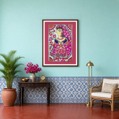 This exquisite Madhubani art print captures the beauty and grace of a radiant maiden adorned with a for Entrance